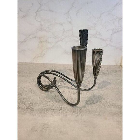 Pair Triple Light NAPIER Fluted Silverplate Candle Holders Mid-Century MOD EUC - Picture 7 of 16